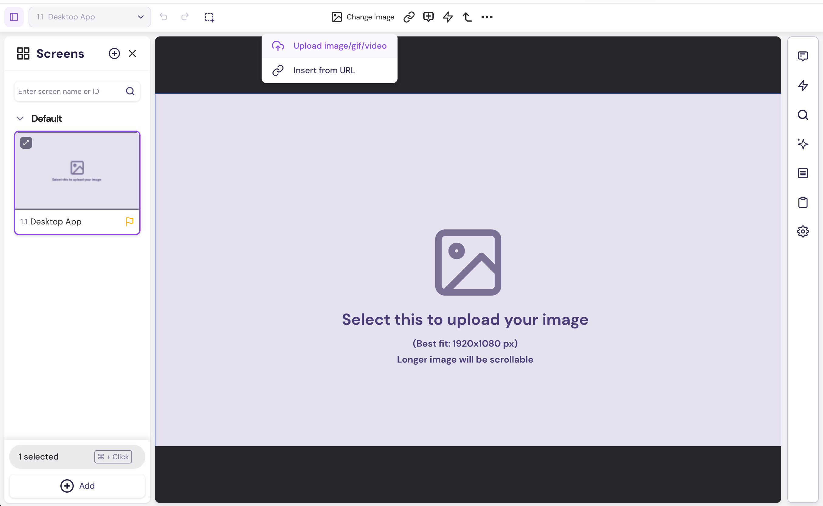 Change Image option shown after selecting the screen placeholder in the Editor