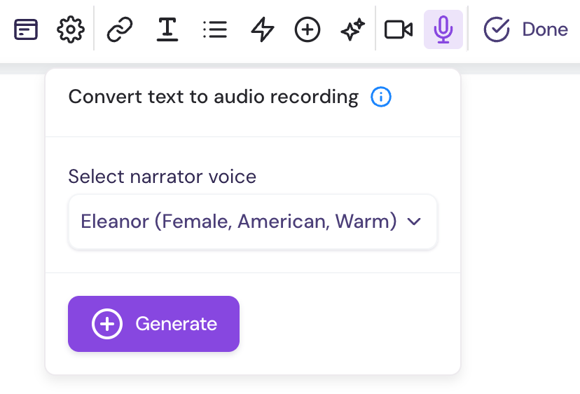 Text-to-Speech Audio Guides interface showing step settings and preview options