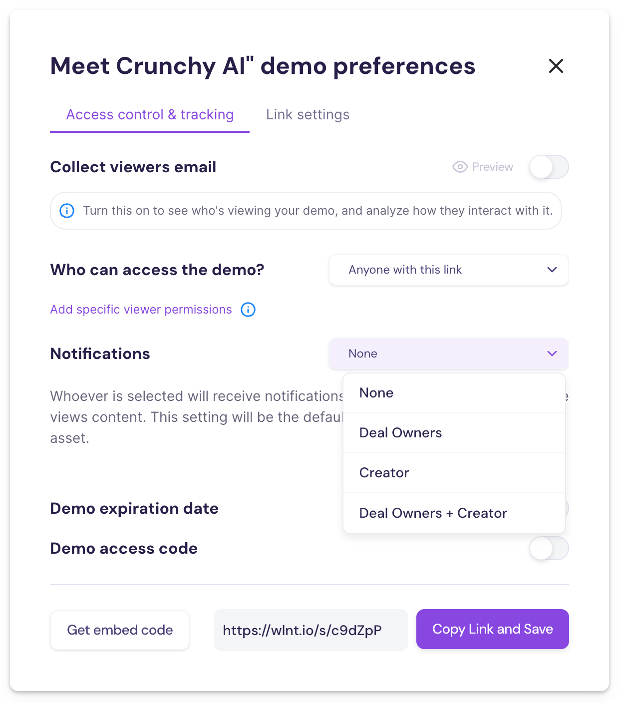 Demo Preferences screen showing Notification dropdown options