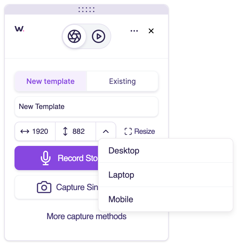Screen resizer settings in the Walnut capture widget