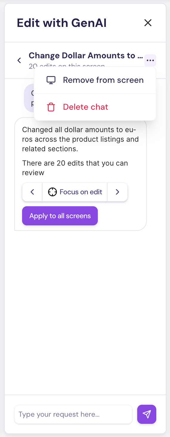 Three-dot menu next to a chat prompt in EditsAI