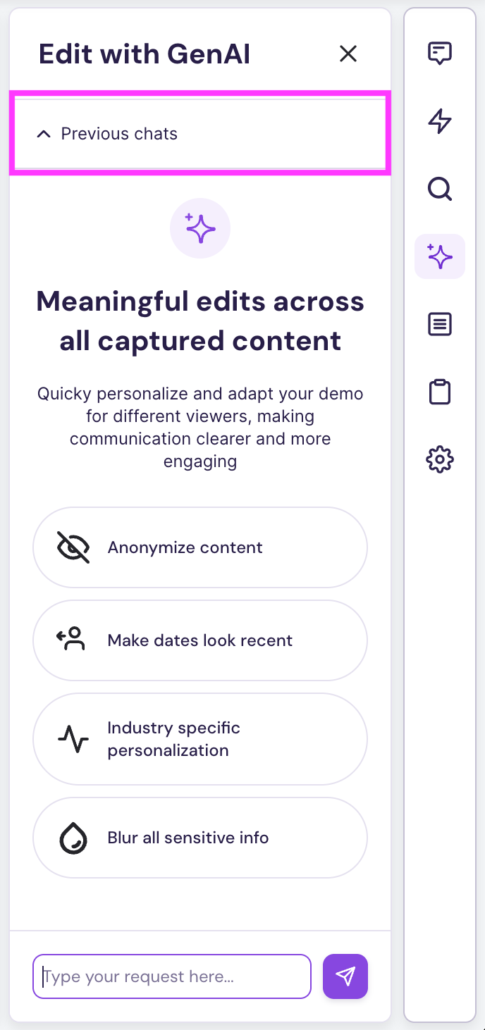 Previous chats list in the EditsAI panel
