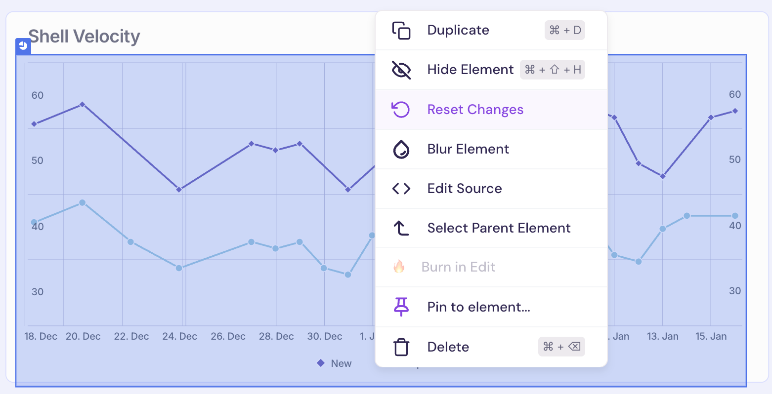Reset Changes option in the three-dot menu of the element editor.