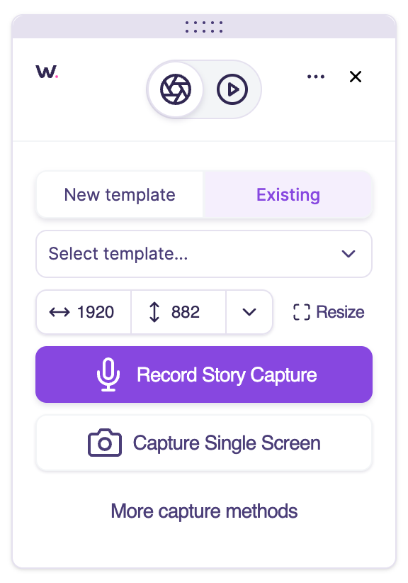 Story Capture template selection screen