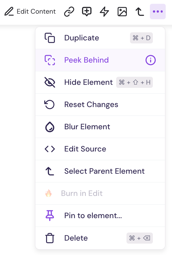 Peek Behind option shown in the More Actions menu