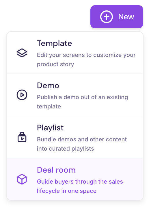 New menu dropdown in Walnut with options for Template, Demo, Playlist, and Deal Room. Deal Room is selected.
