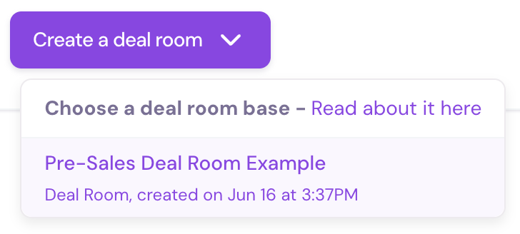Dropdown menu to select a Deal Room base template in Walnut during deal room creation.