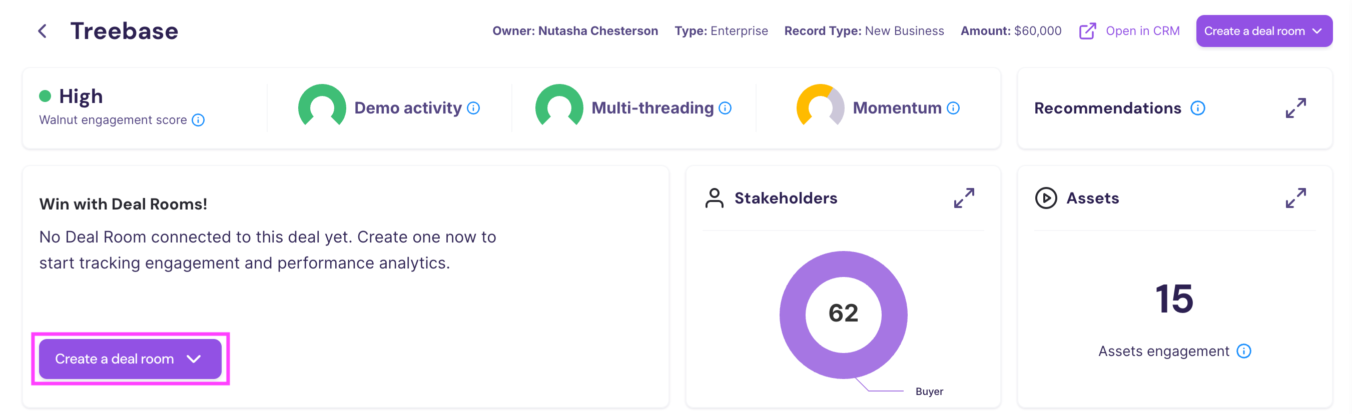 Treebase deal page in Walnut showing analytics and the call-to-action button ‘Create a deal room’ in the lower-left section.