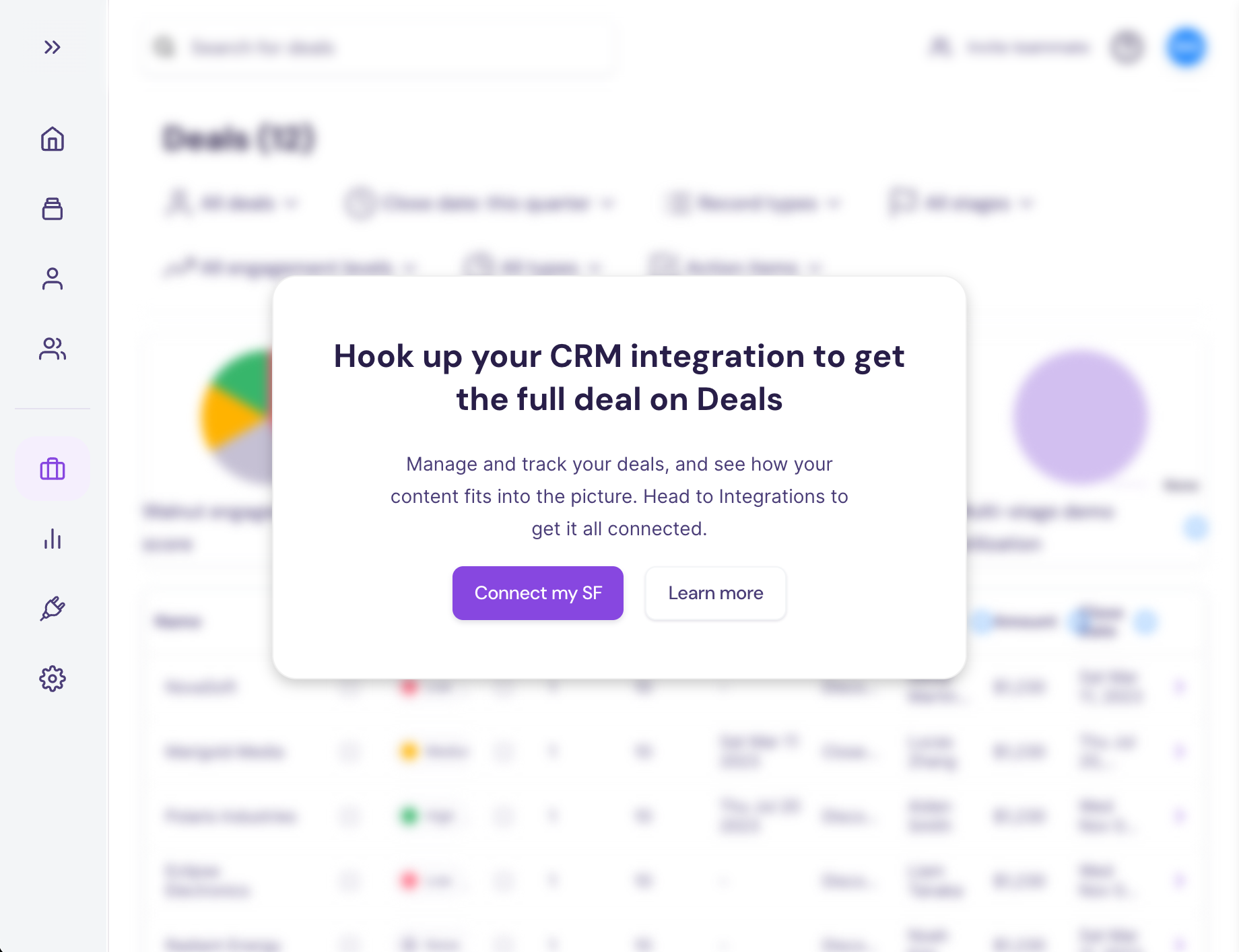 Banner highlighting that a CRM integration is required to unlock full deal room capabilities