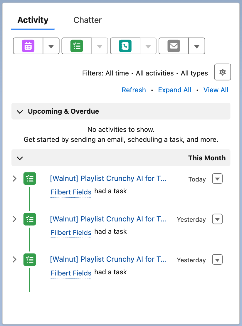 Salesforce Activity timeline showing logged Walnut task
