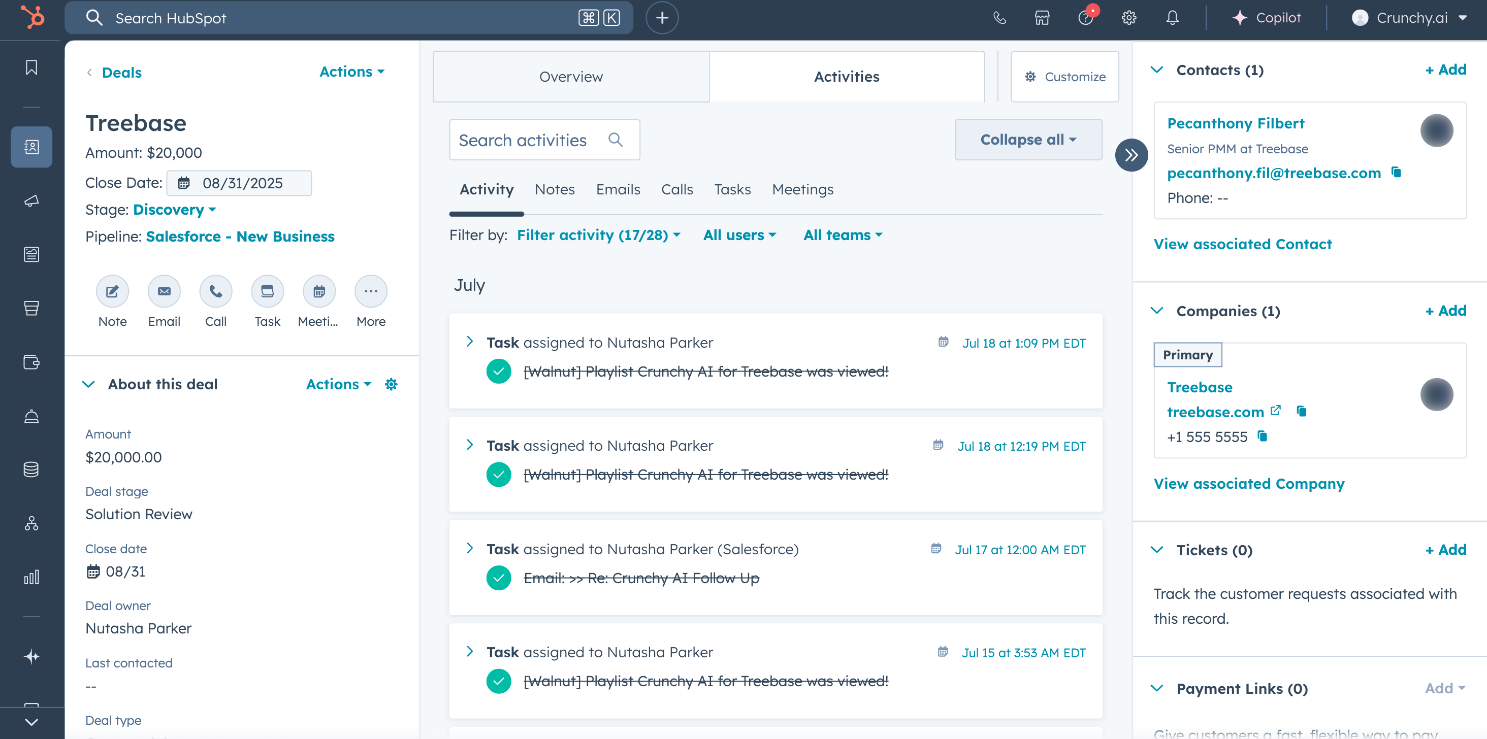 HubSpot Deal record with Walnut engagement logged as a Playlist Viewed task