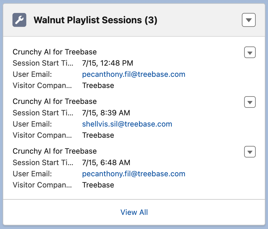 Salesforce showing Walnut Playlist Sessions records