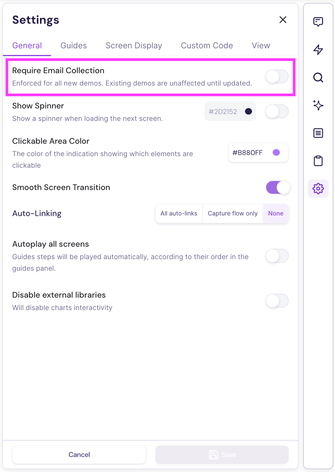 Template settings panel with Require Email Collection toggle