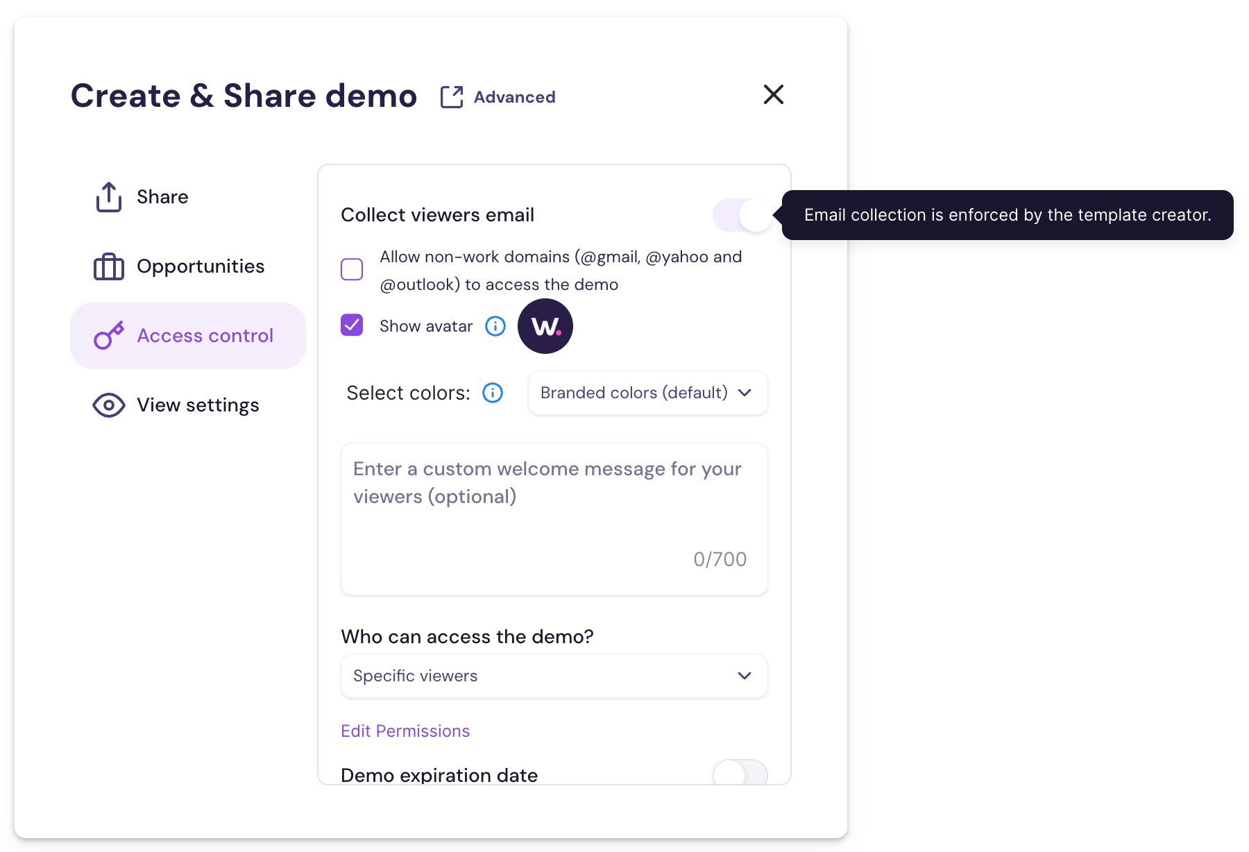Demo launcher showing enforced email collection message from template settings