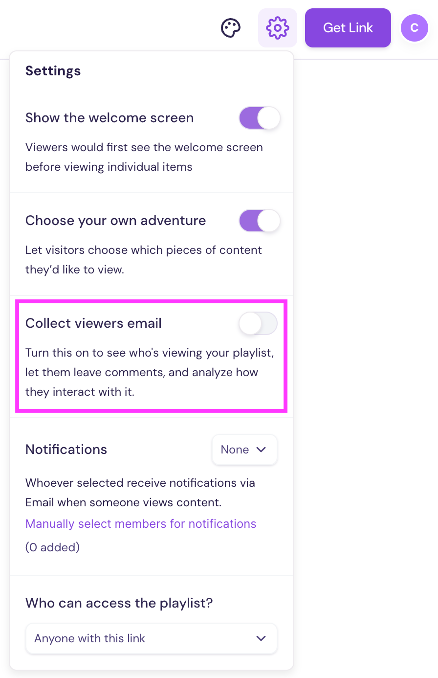 Playlist settings panel with Collect viewers email toggle