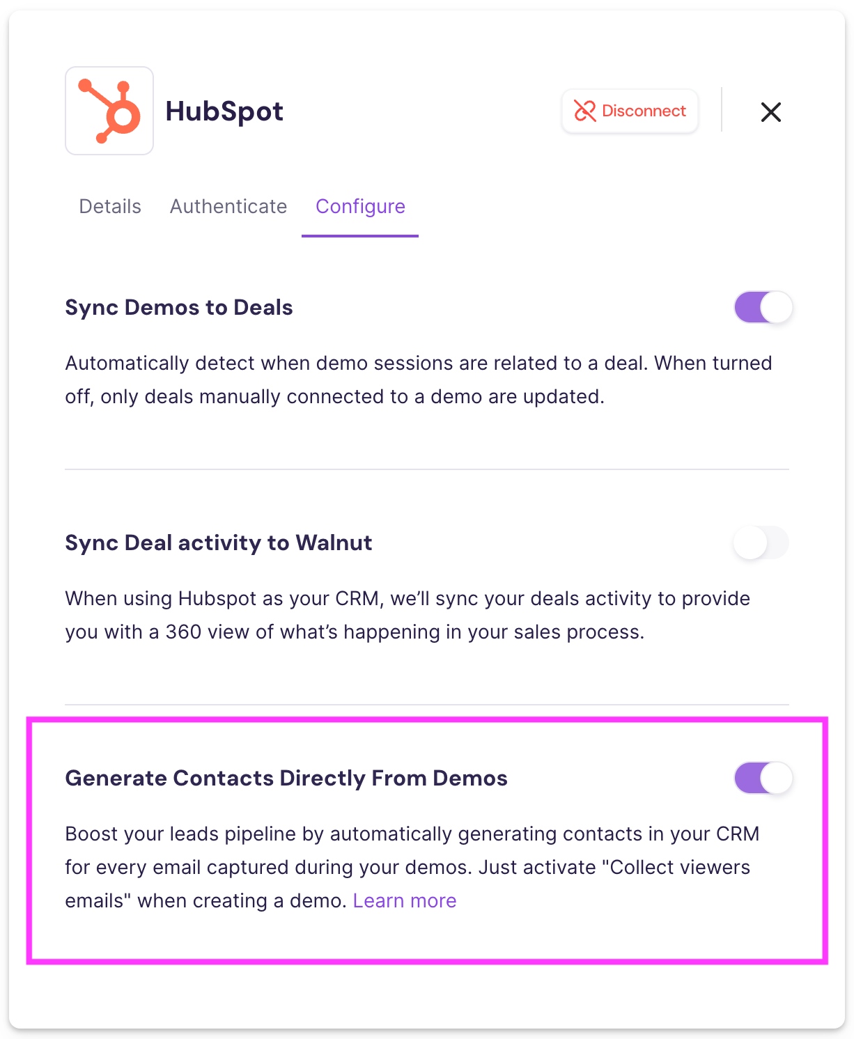 HubSpot integration settings showing Generate Contacts Directly from Demos toggle