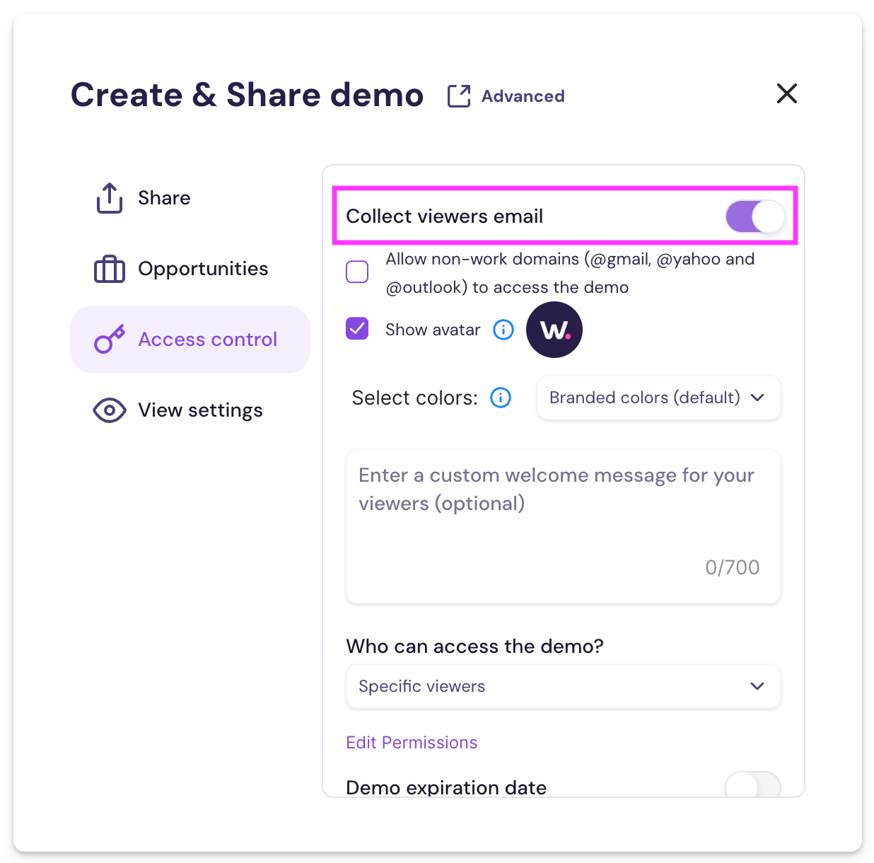 Access Control settings in demo launcher showing email collection toggle