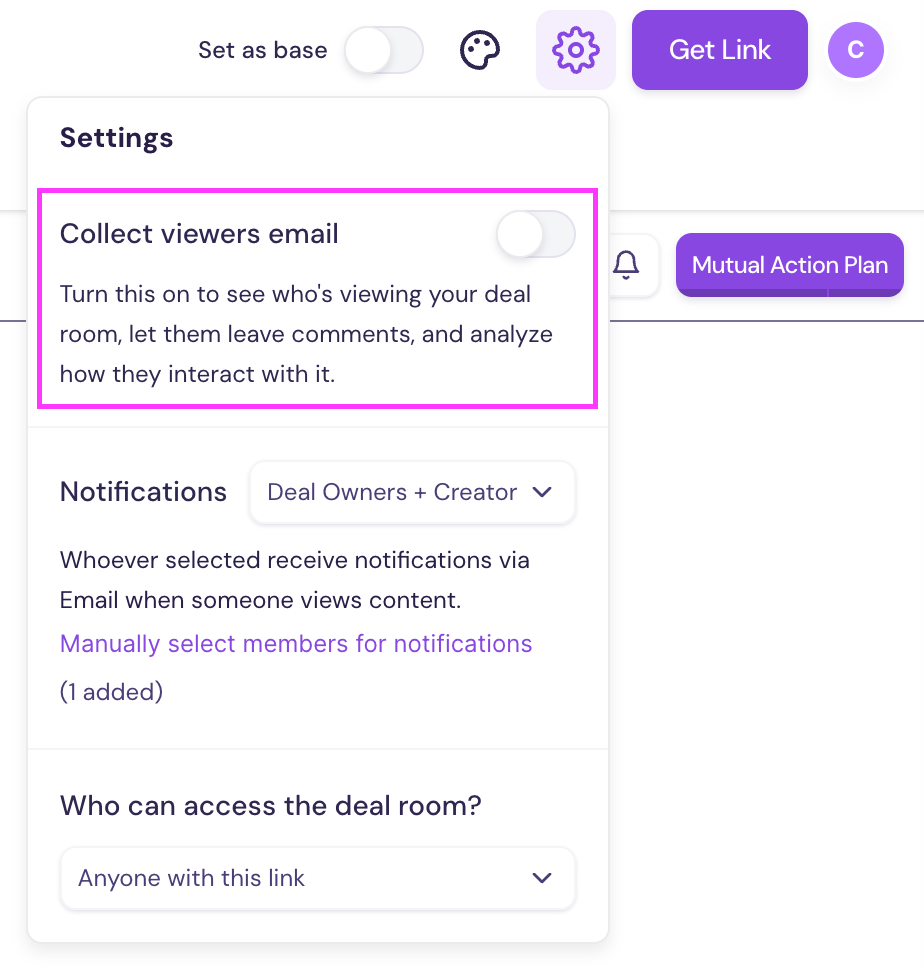 Deal Room settings panel showing Collect viewers email toggle