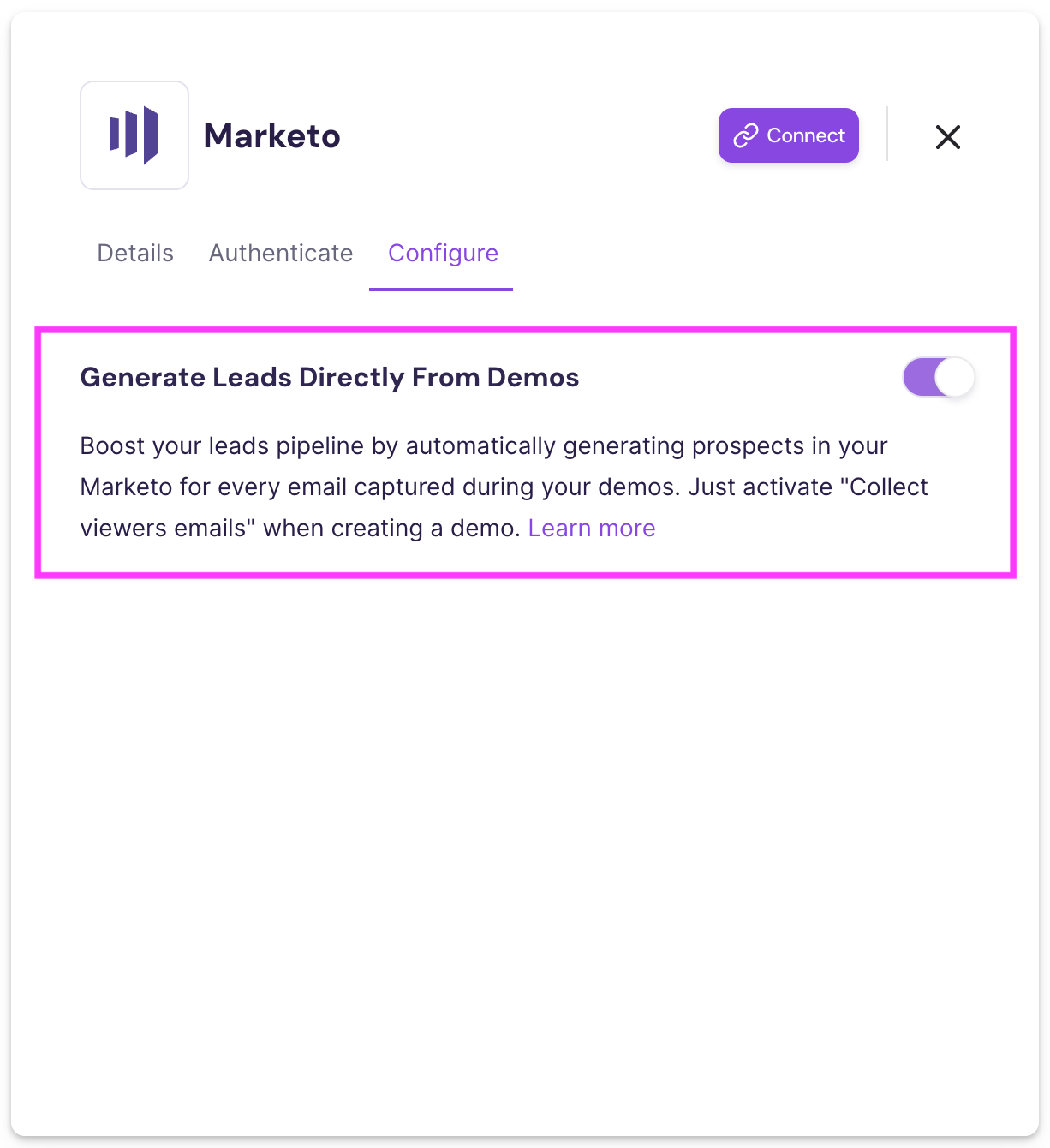 Marketo integration settings showing Generate Leads Directly from Demos toggle