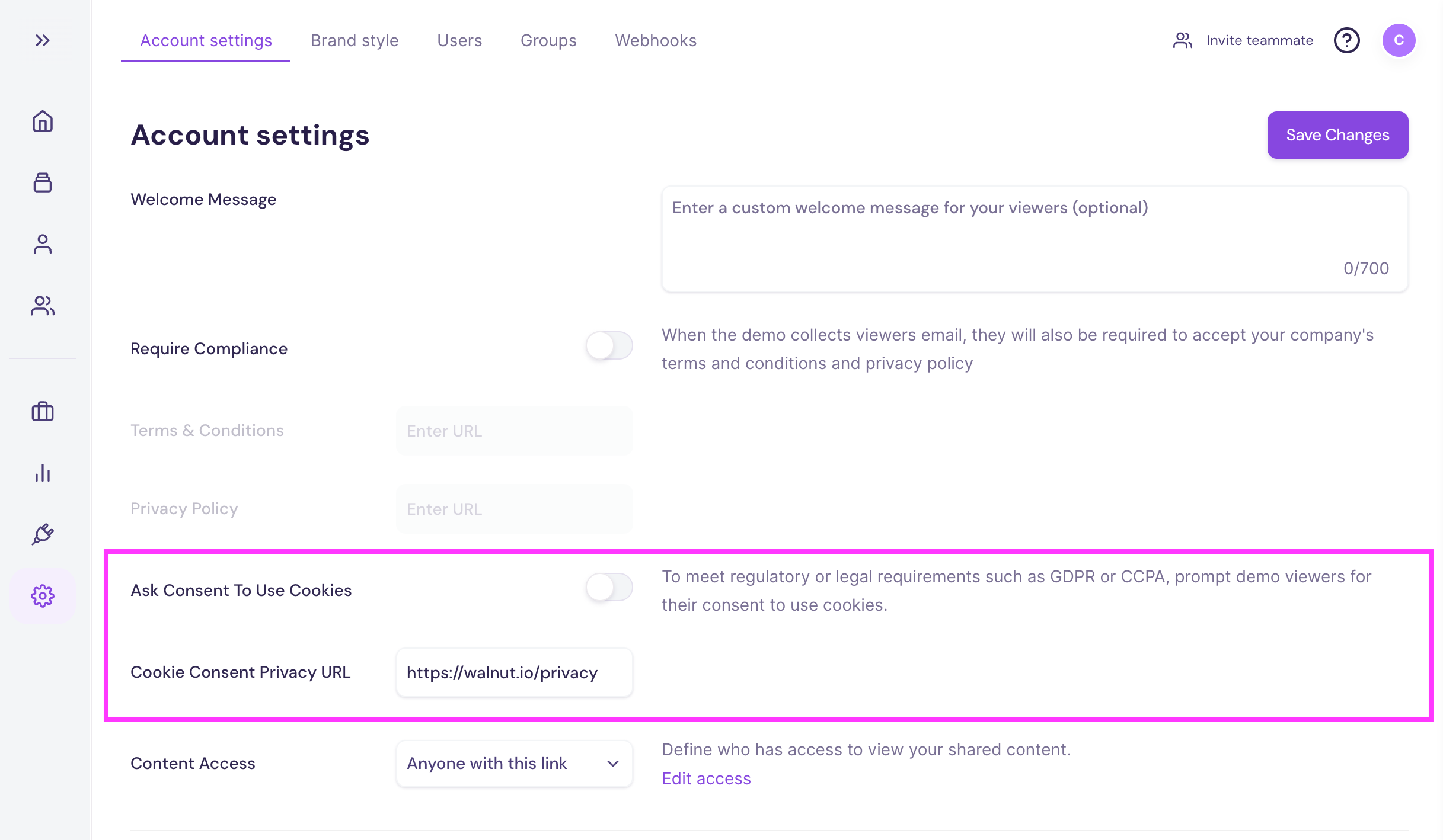 Company Settings section showing Ask Consent to Use Cookies toggle