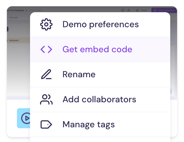 Walnut demo options menu with the 'Get embed code' option highlighted, along with Demo preferences, Rename, Add collaborators, and Manage tags