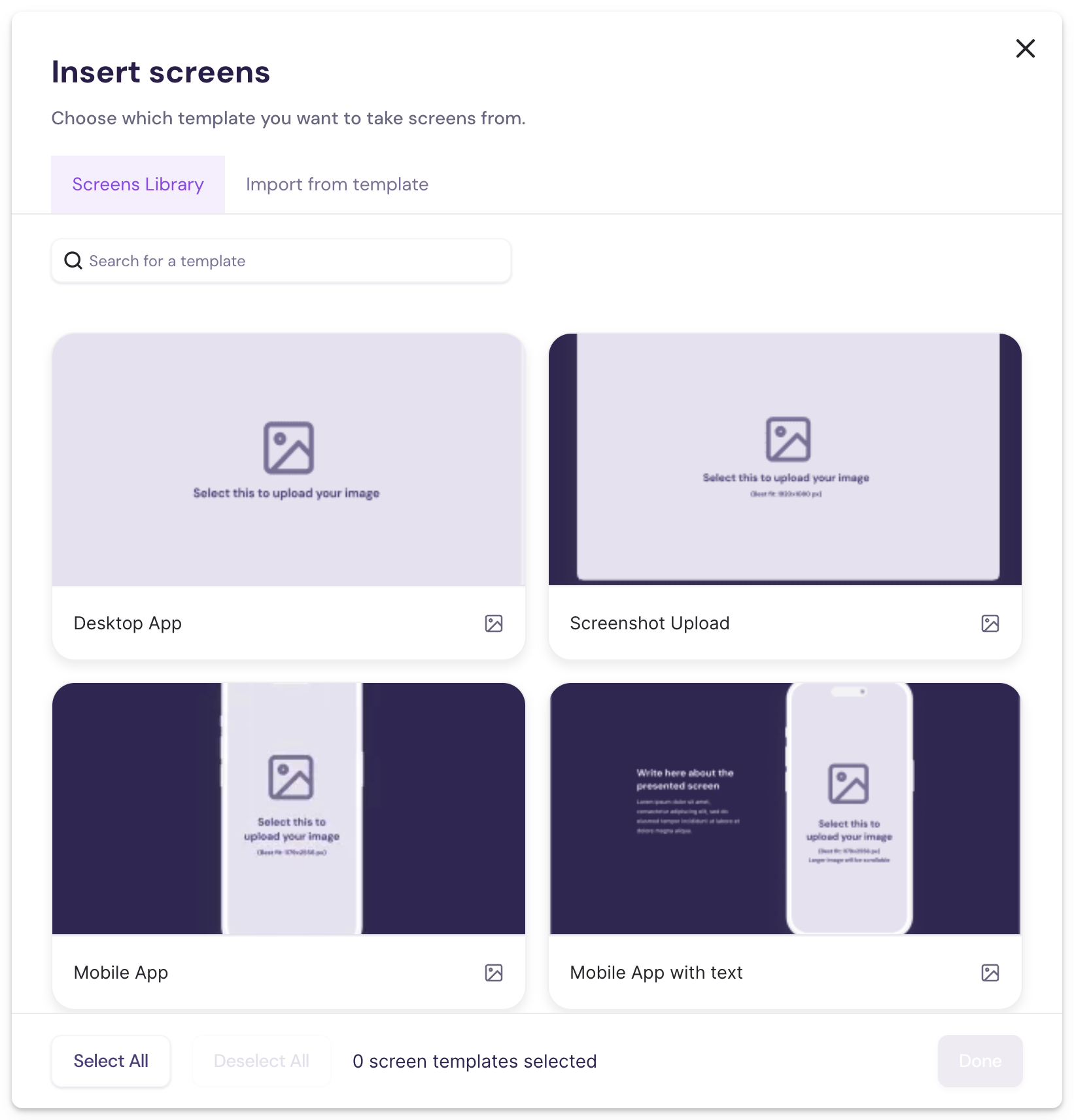 Insert Screens pop-up showing Screens Library tab and Done button