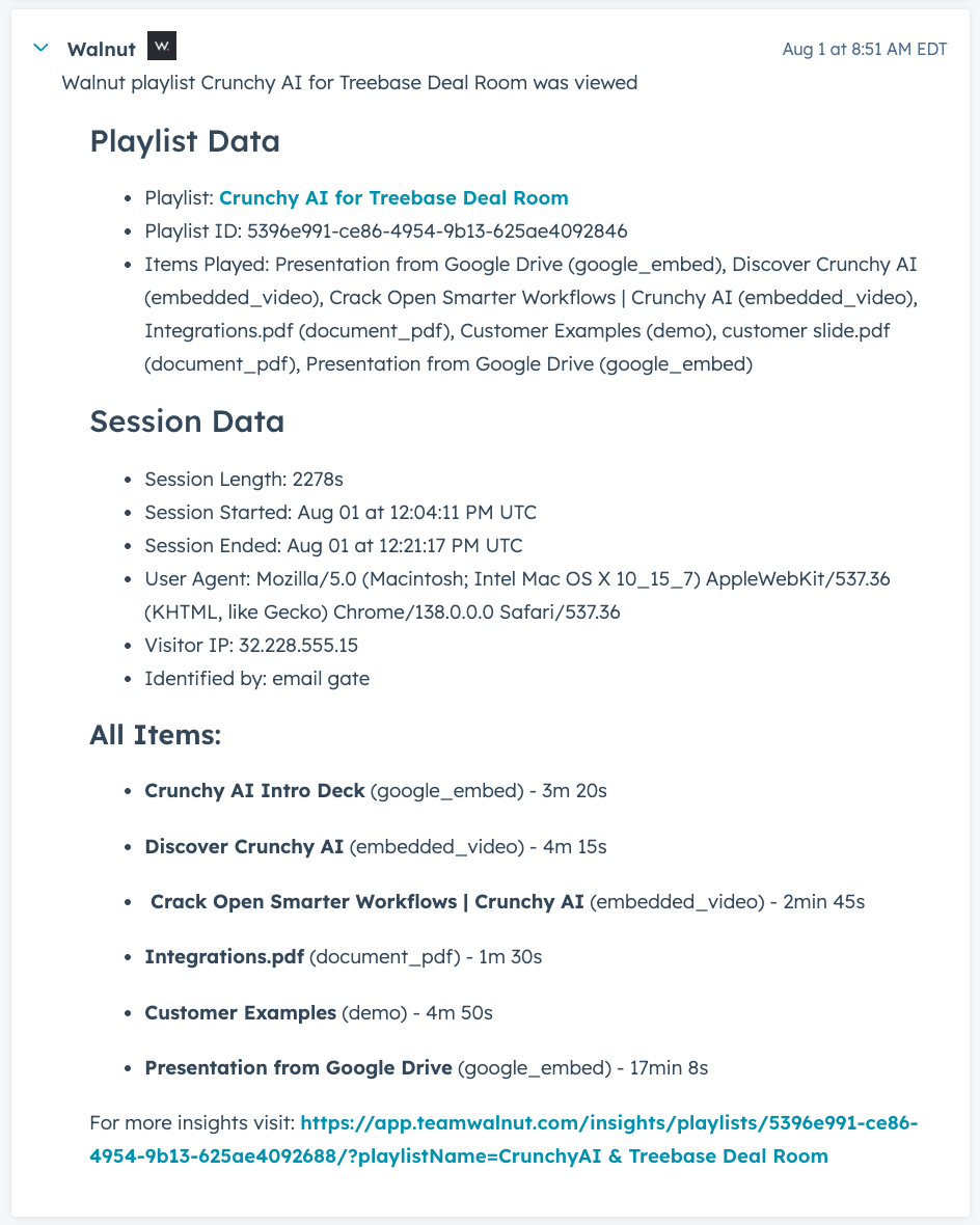 Walnut playlist viewed activity entry in HubSpot timeline