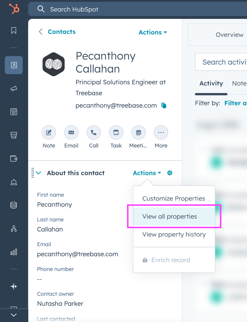 Contact record with View all properties selected in an expanded Actions menu