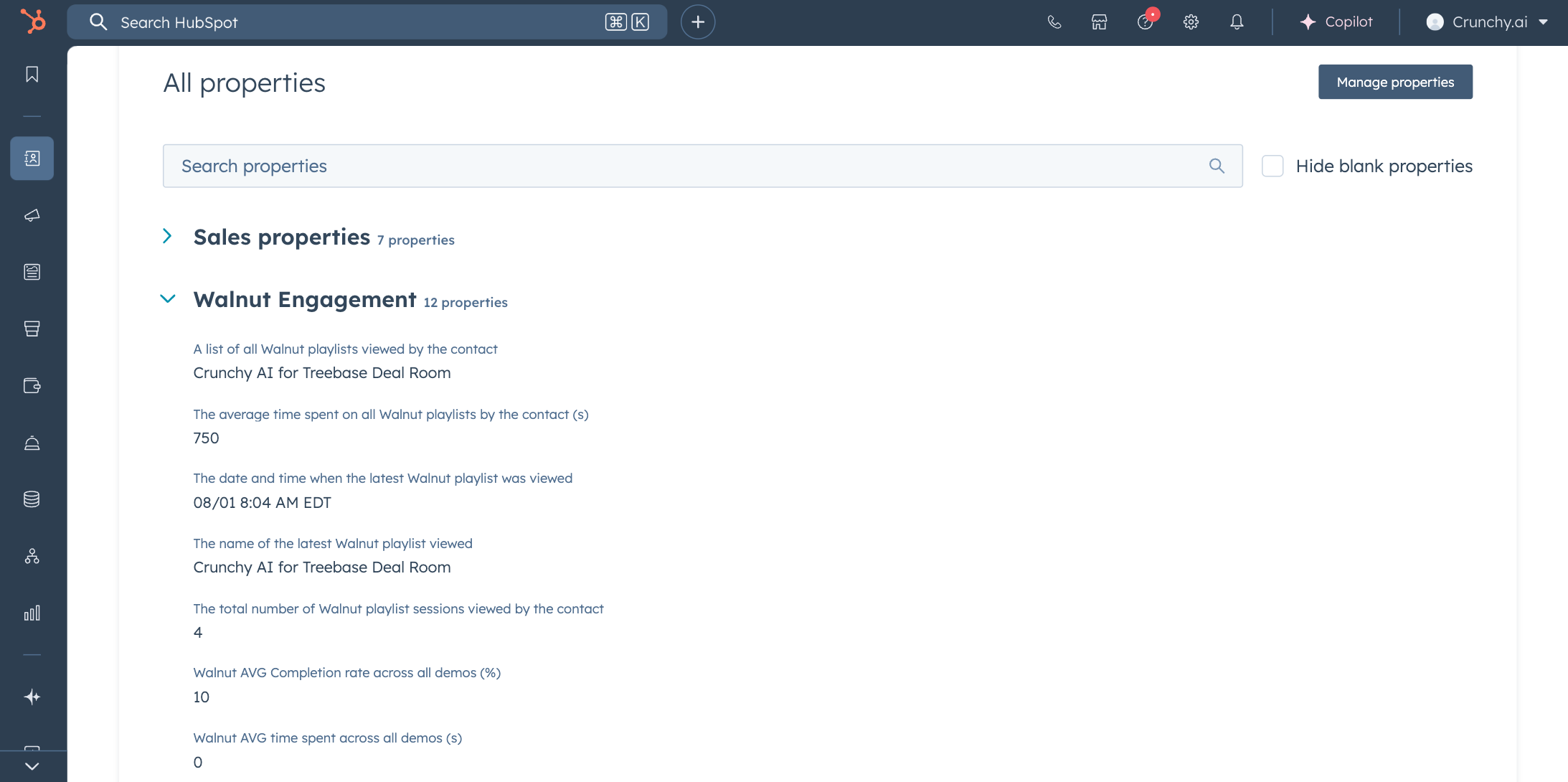 All properties view with Walnut Engagement section expanded