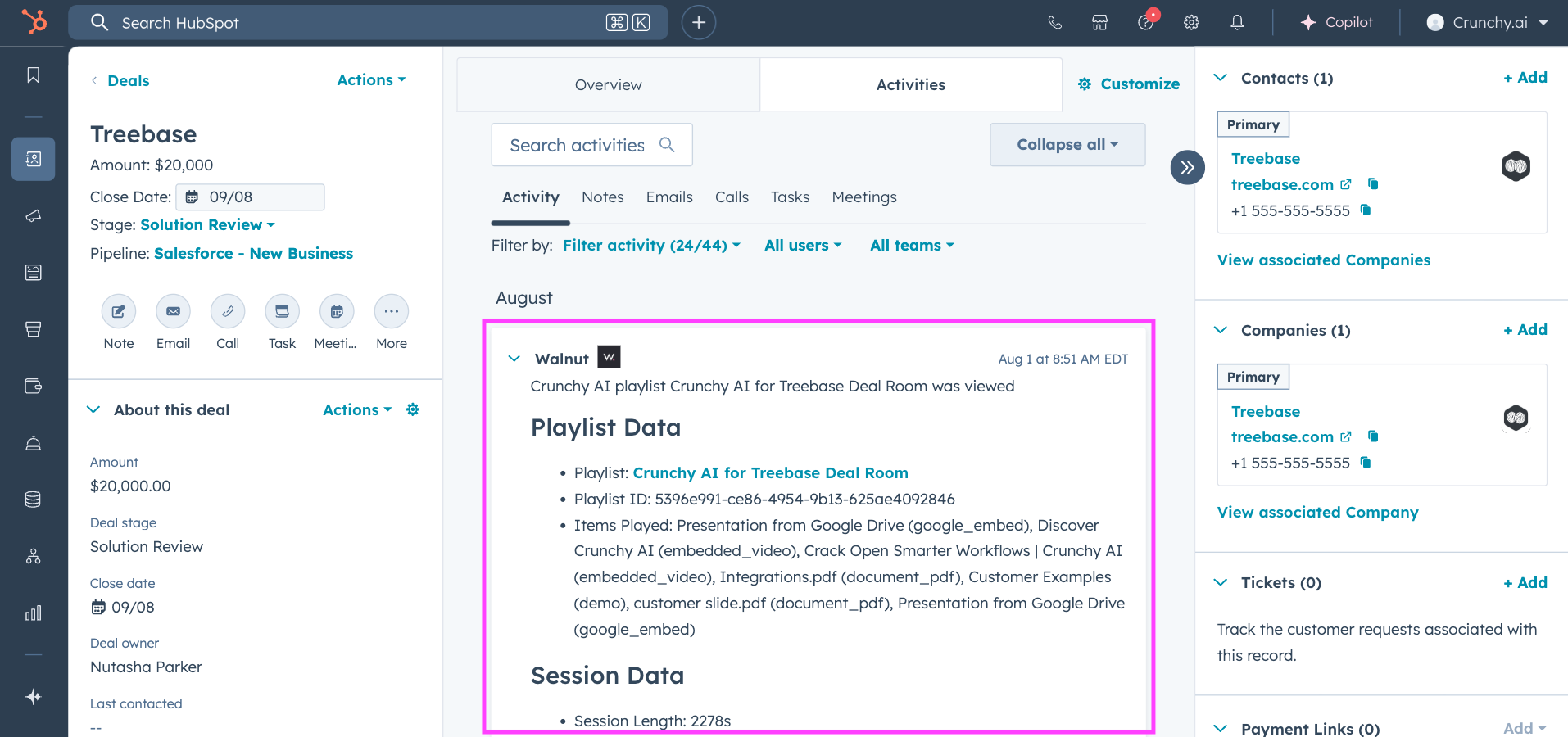 HubSpot Activity timeline showing a logged Walnut activity for a deal room session