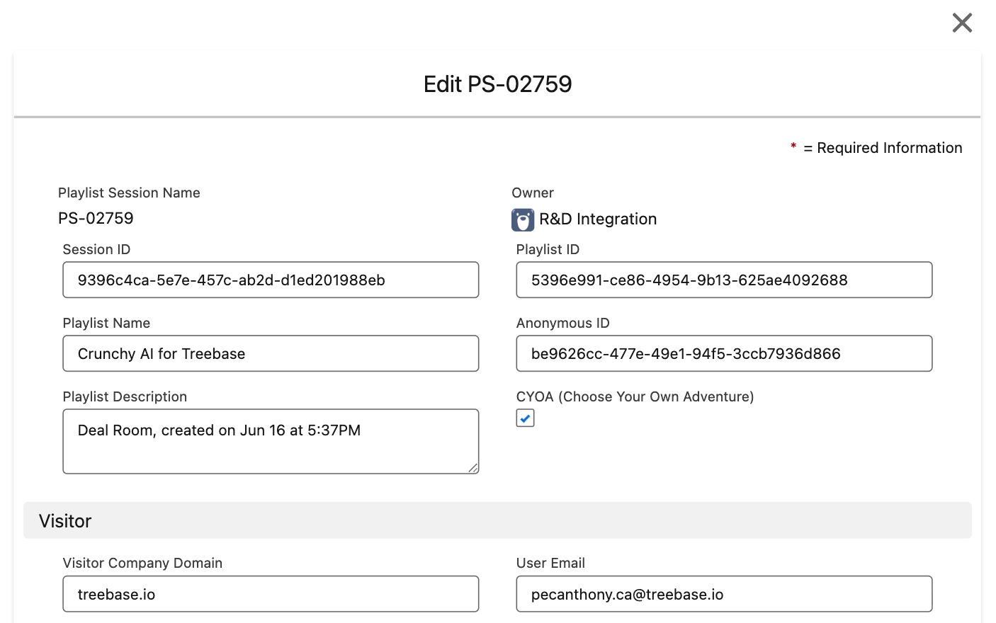 Walnut playlist session record with detailed playlist engagement data