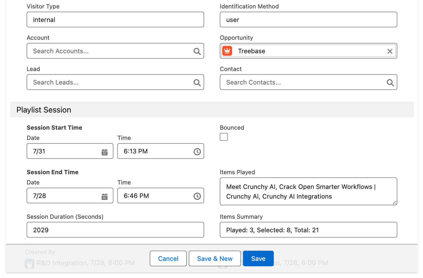 Walnut playlist session record with detailed playlist engagement data