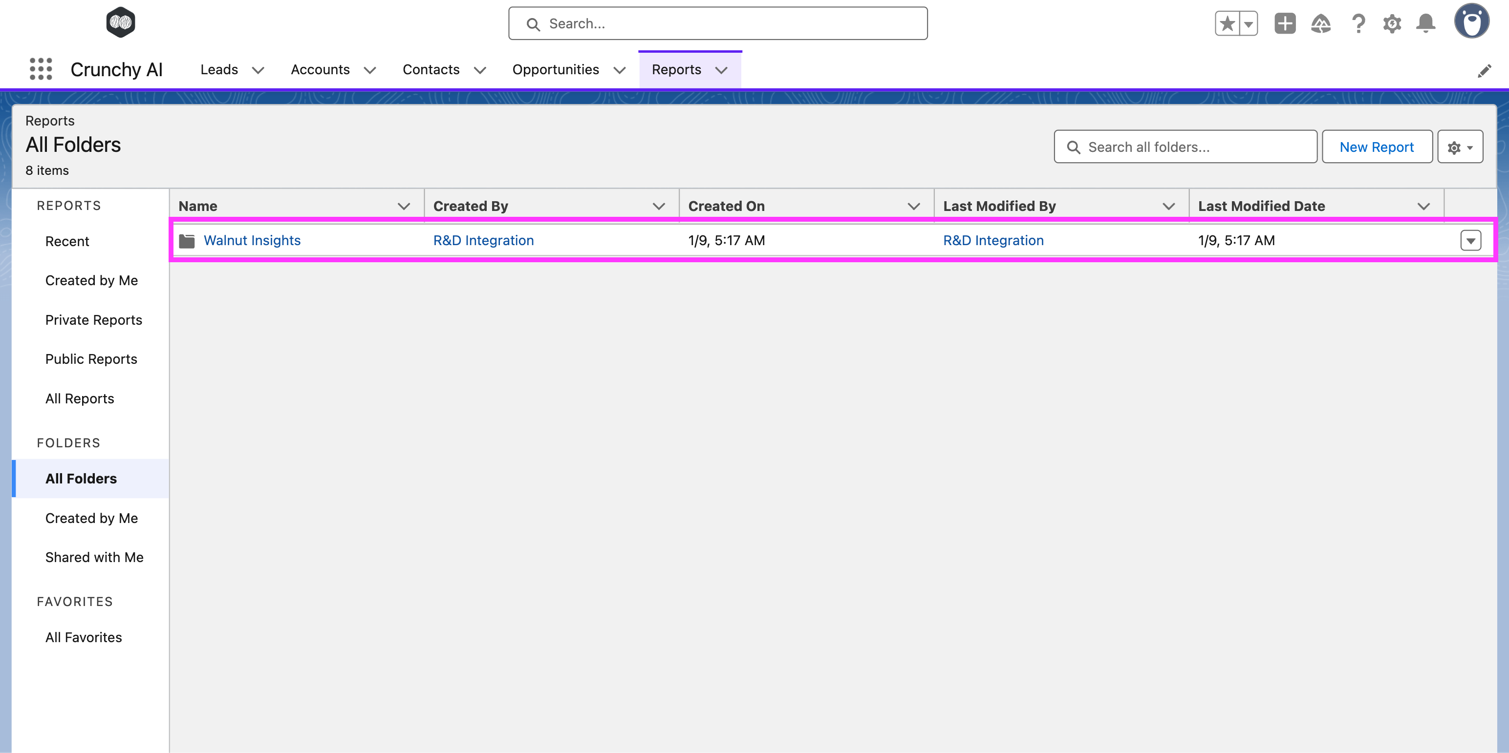 Salesforce Reports sidebar showing Walnut Insights folder
