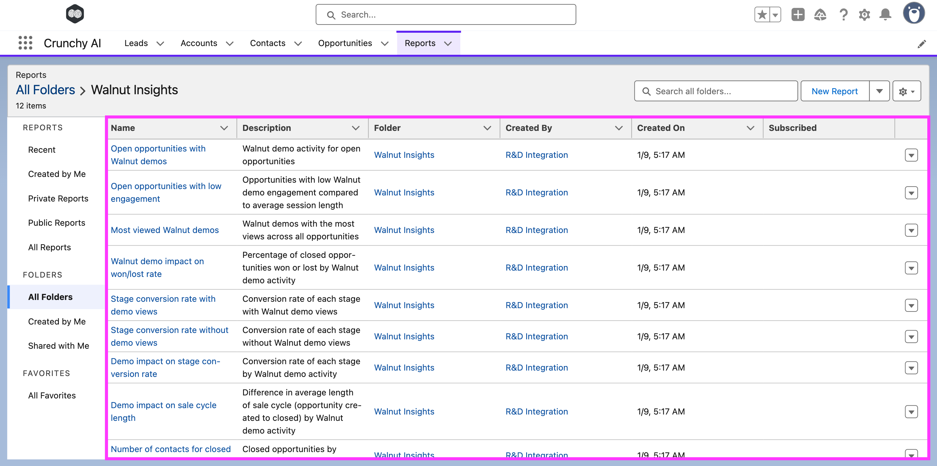Example of Walnut report list in Salesforce
