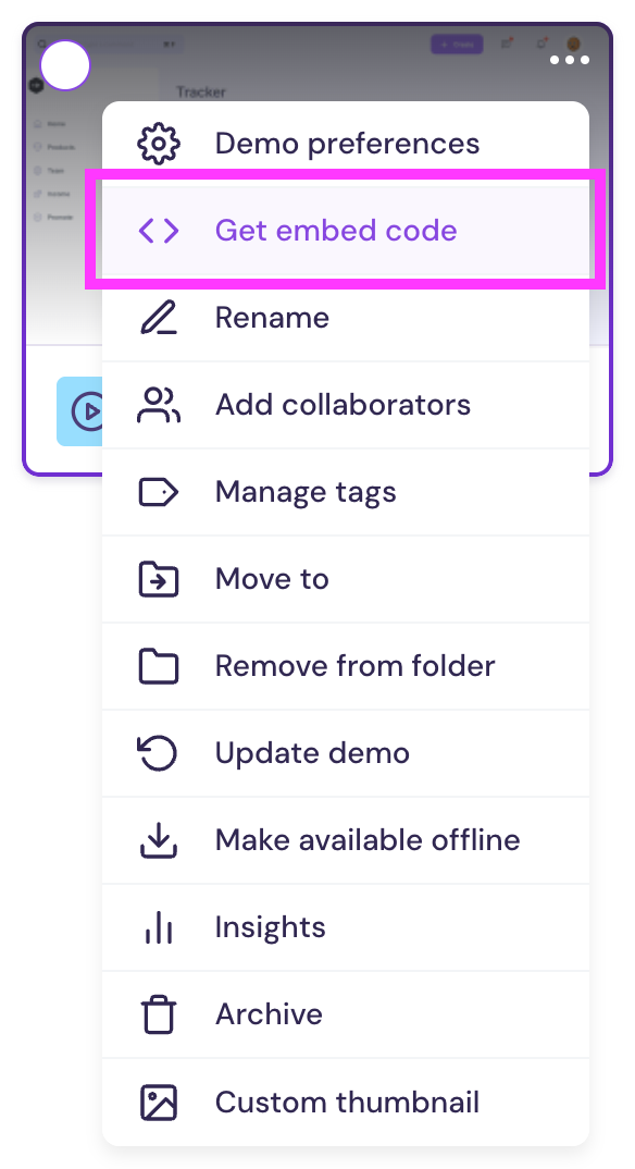 Get embed code option from demo thumbnail in Walnut Library