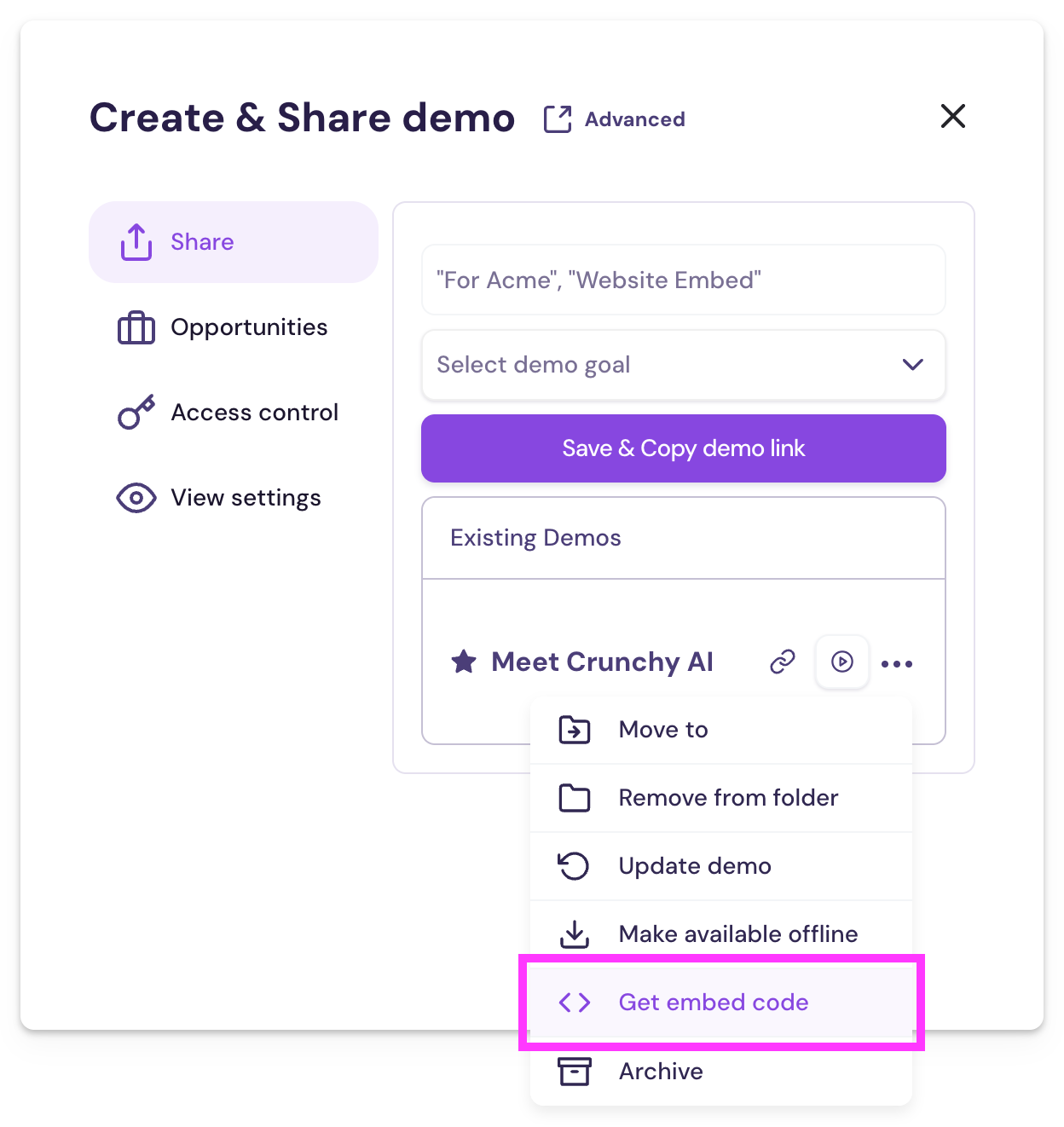 Embed Live Demo pop-up with Copy Embed Code option