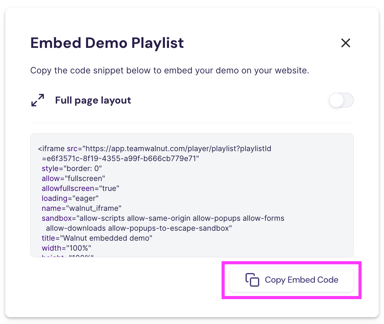 Embed Demo Playlist pop-up with Copy Embed Code button in Walnut