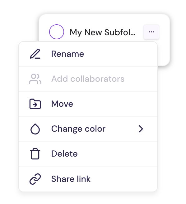 Folder options menu in Walnut showing actions such as rename, move, change color, delete, and share link.