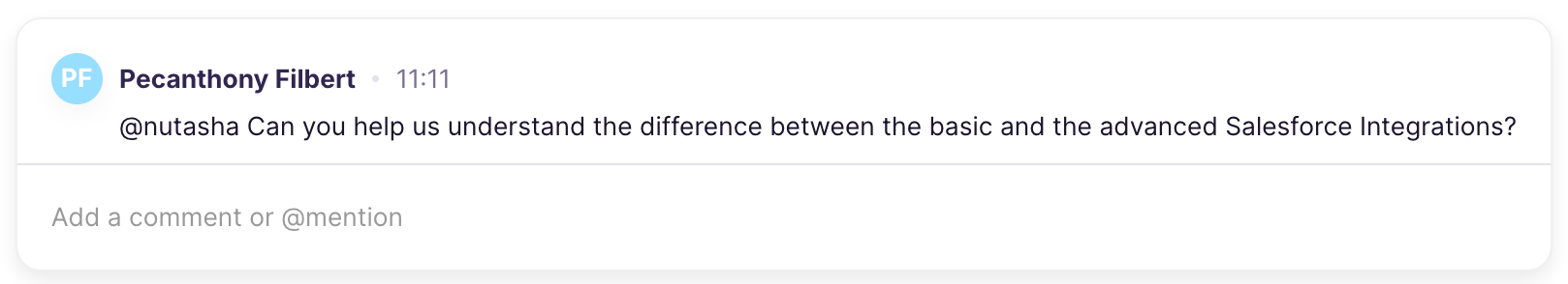 Deal Room comment from a participant asking for help understanding the difference between the basic and advanced Salesforce integrations, with another user tagged.