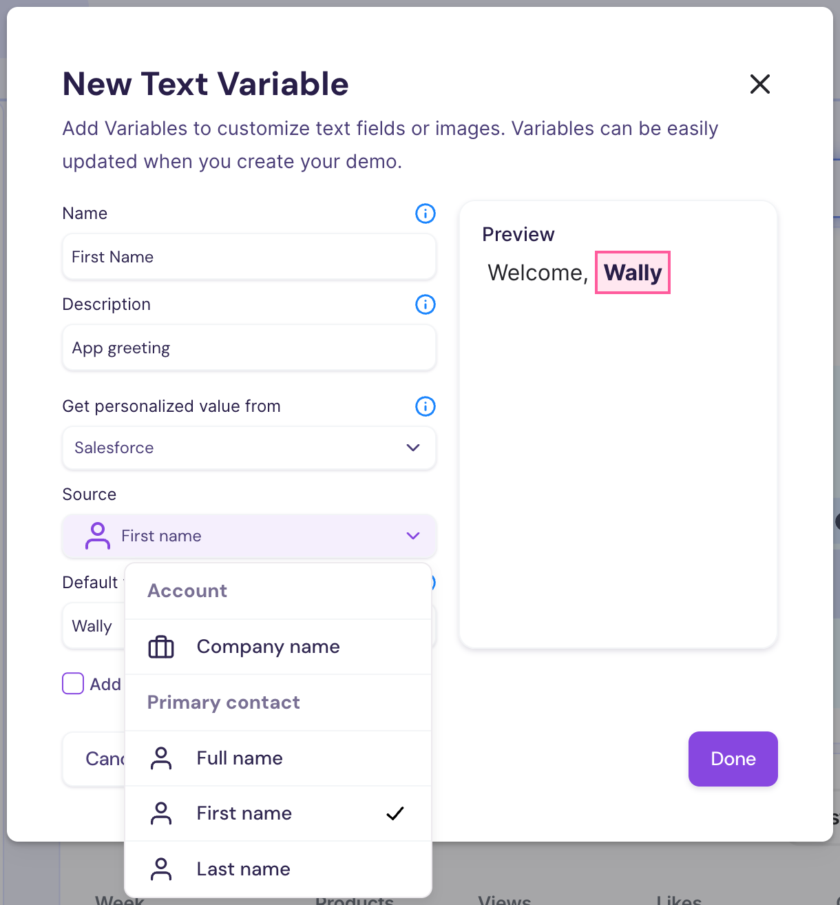 Screenshot 2025-05-05 at 7.52.35 AM showing Salesforce variable source mapping in Walnut.