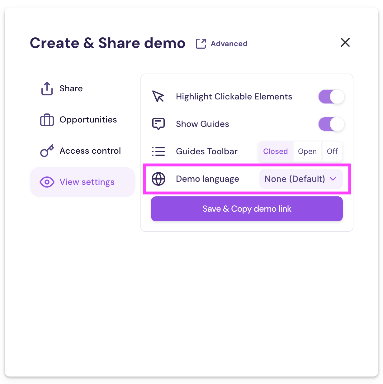 Create and Share demo window showing the Save and Copy demo link button.