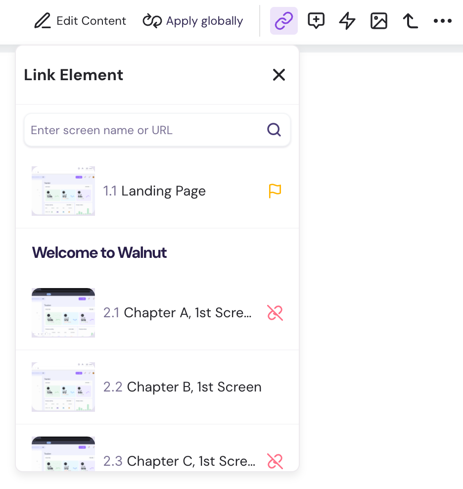 Walnut screen link setup showing clickable areas on a landing page linked to destination screens.