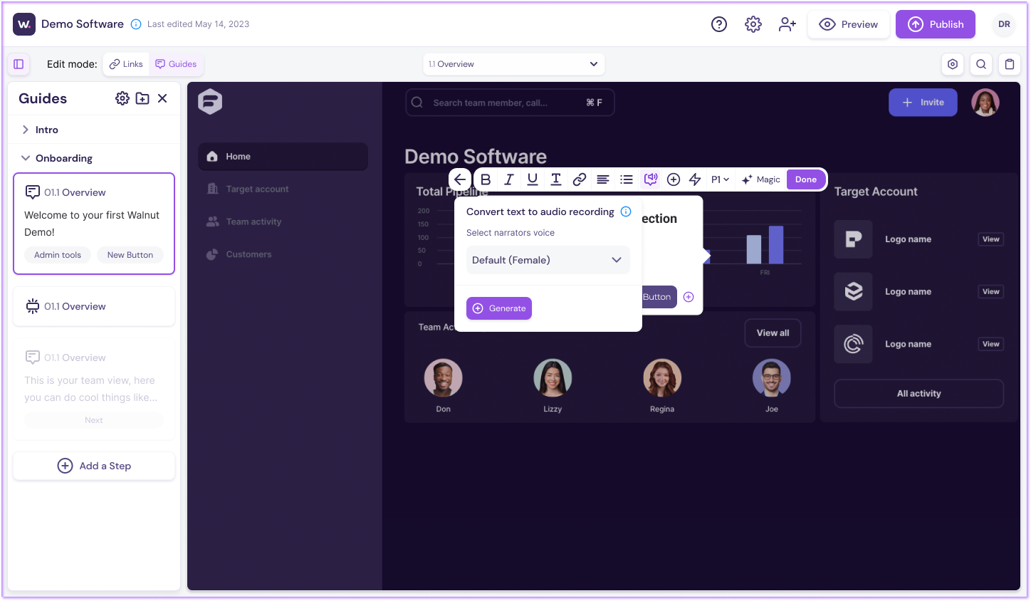 Voice selection dropdown for Walnut Text to Speech