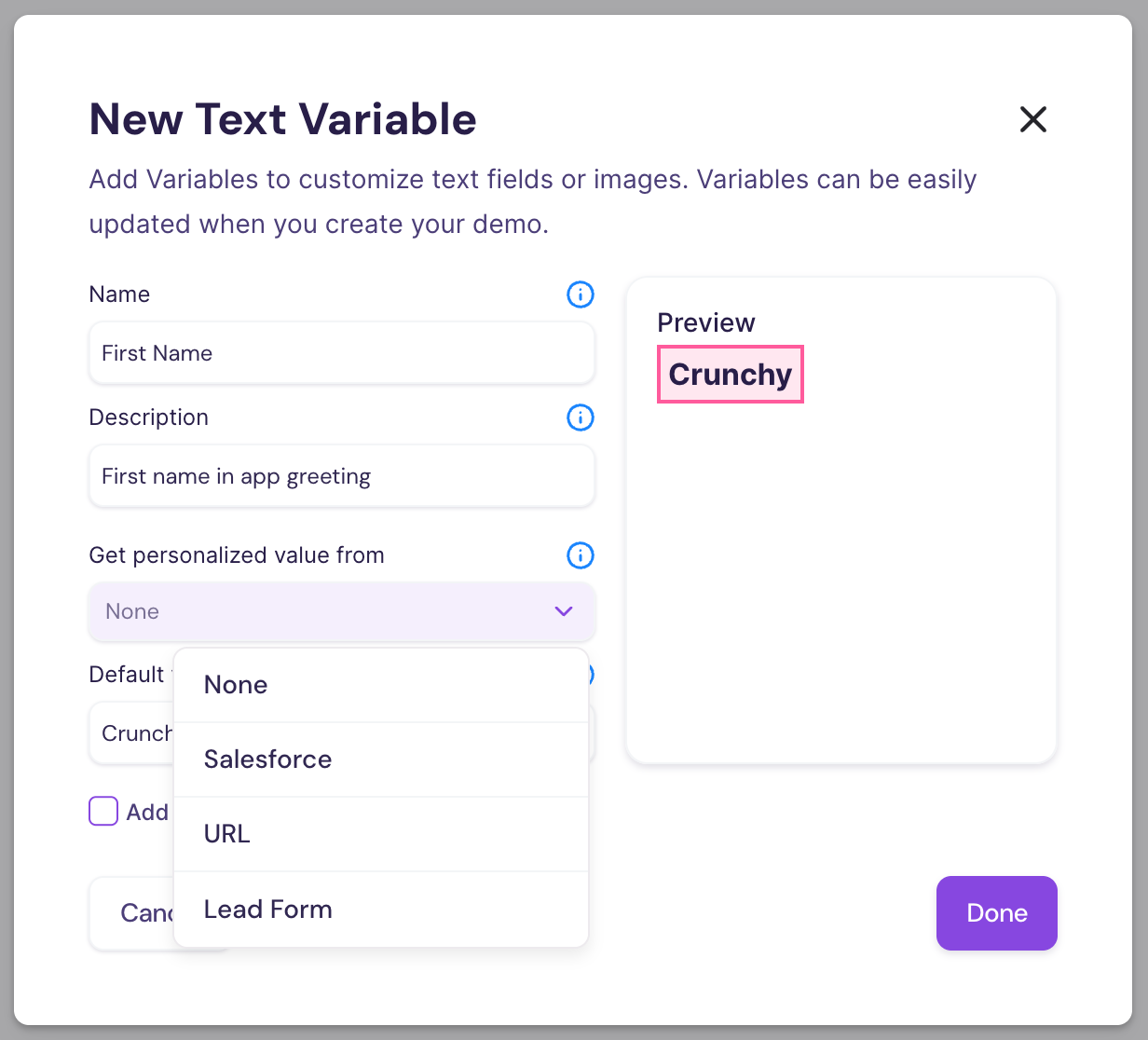 Screenshot 2025-04-30 at 11.49.28 AM showing the variable setup panel in Walnut.