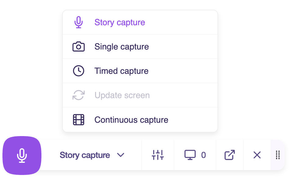 Purple Walnut extension widget with microphone button before Story Capture recording begins