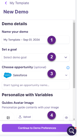 Demo creation pane with fields including Deal selection