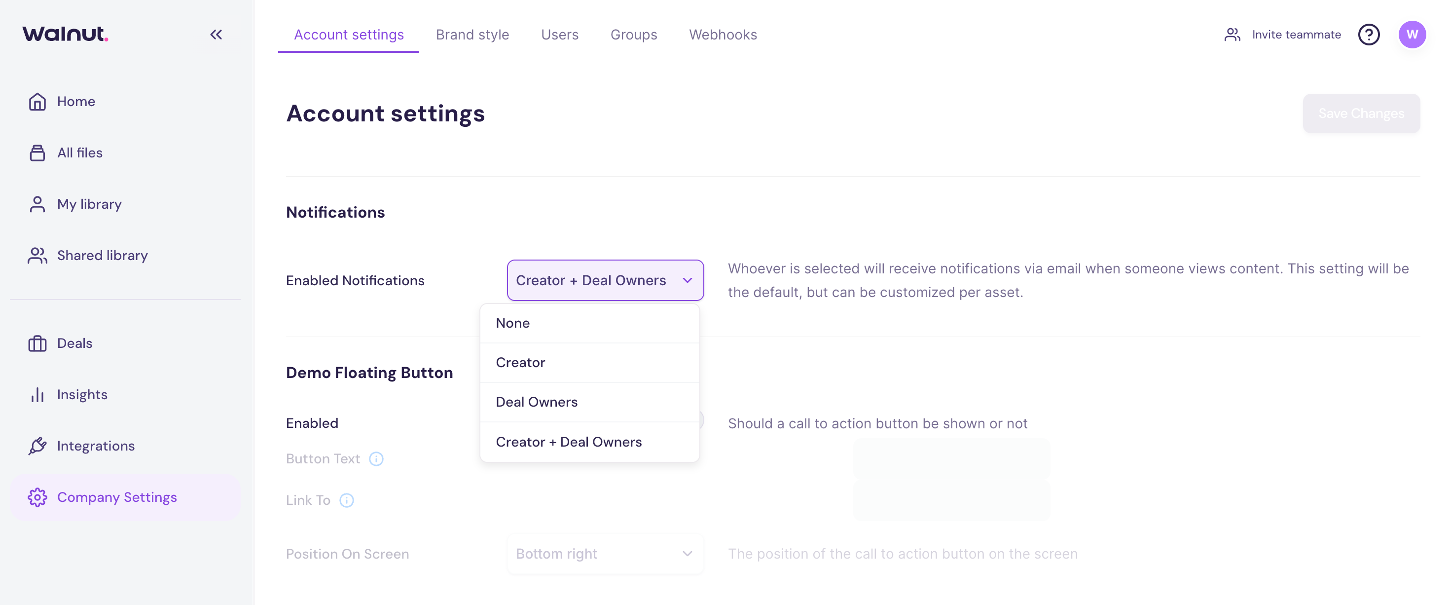 Company Settings page showing the Enabled Notifications dropdown option