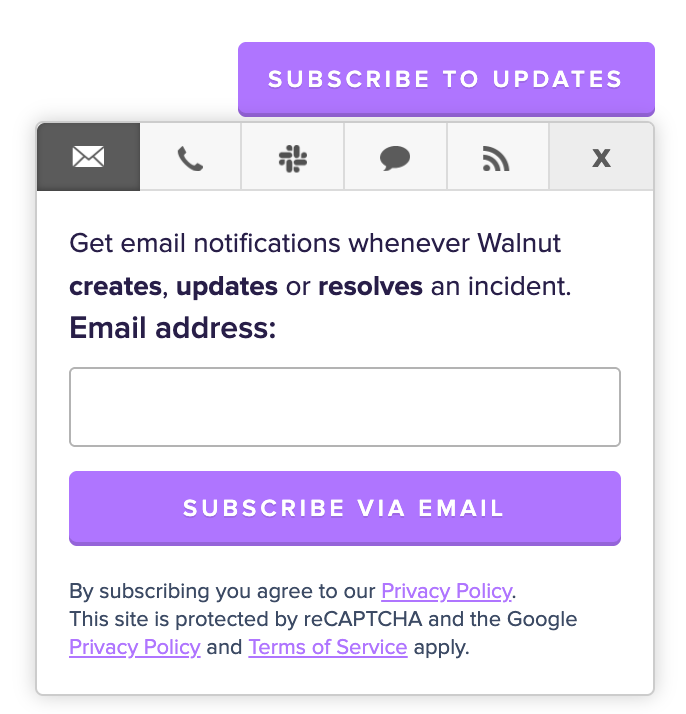 Options to subscribe to Walnut Status Page updates via Email, SMS, or Slack