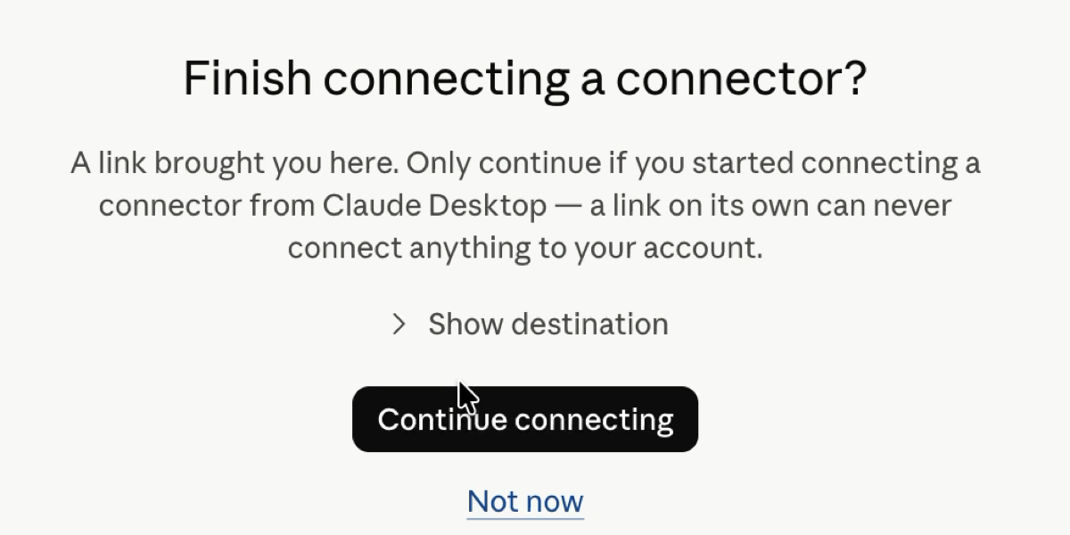 The Finish connecting a connector page with the Continue connecting button