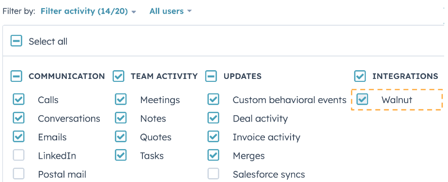 HubSpot deal timeline showing Walnut activity
